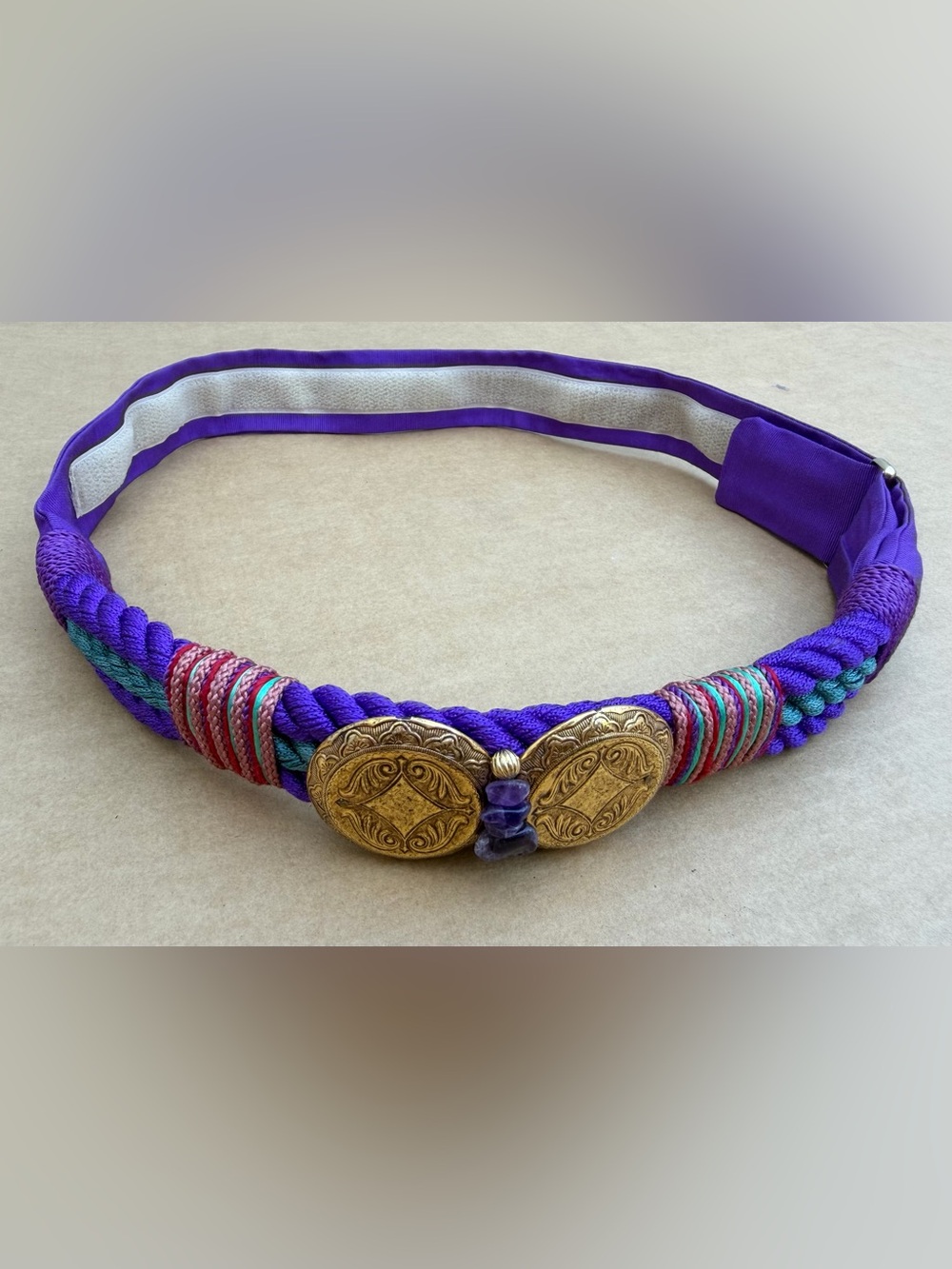 Vintage 70s 80s Purple Rope Belt Natural Amethyst Gold Tone Boho 36.5”